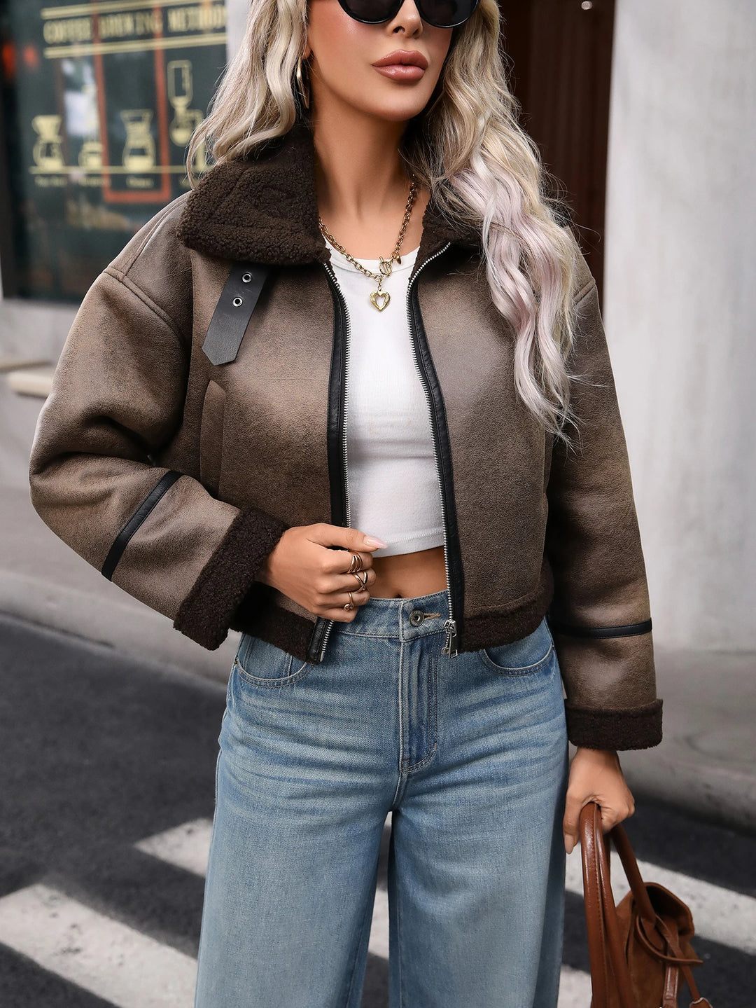 Veste de moteur Sherpa en simili cuir pour femme, manteau court d'aviateur bombardier