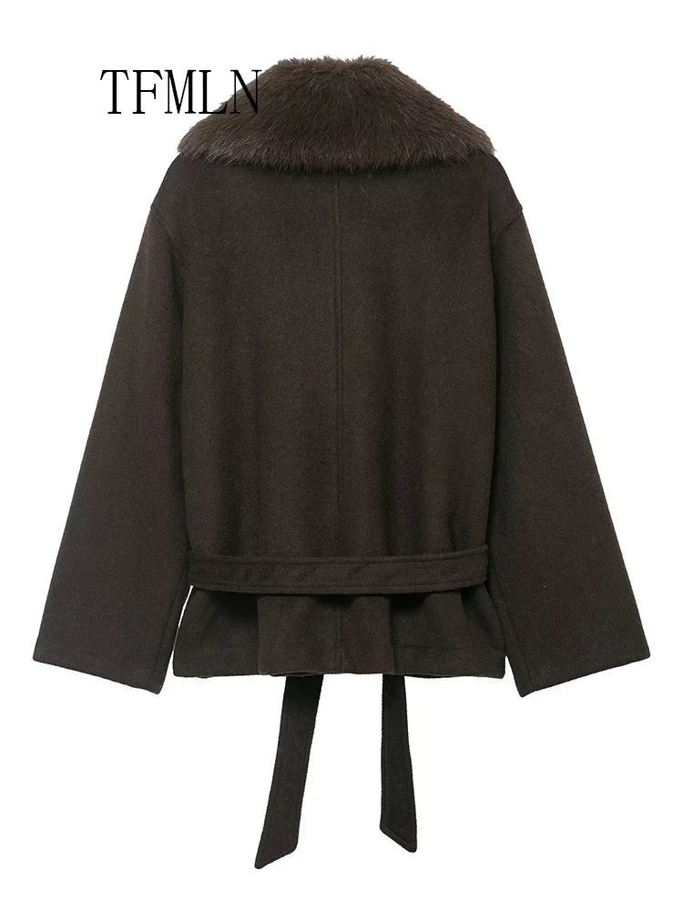 TFMLN femmes lâche fausse fourrure col vestes avec ceinture 2025 automne hiver chaud à manches longues recadrée manteaux rétro haute rue vêtements d'extérieur