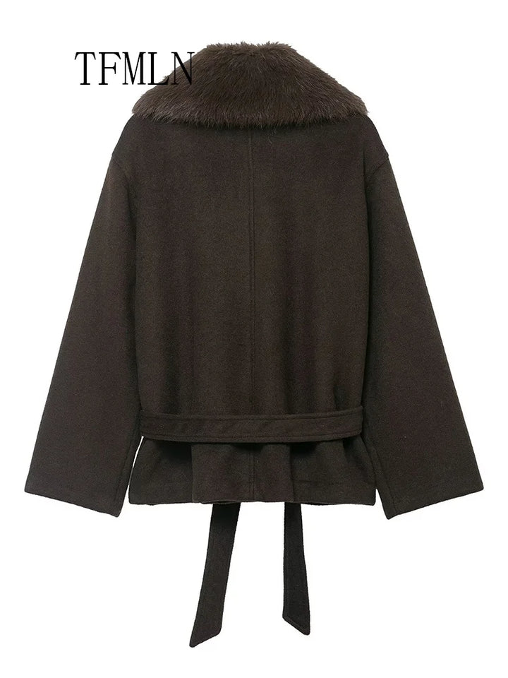TFMLN femmes lâche fausse fourrure col vestes avec ceinture 2025 automne hiver chaud à manches longues recadrée manteaux rétro haute rue vêtements d'extérieur