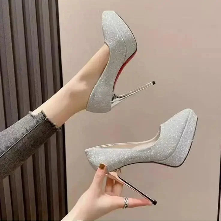 Chaussures de mariage françaises Sexy, bout pointu, talons hauts, argent, nouvelle mariée, chaussures habillées pour femmes, plateforme imperméable, grande taille