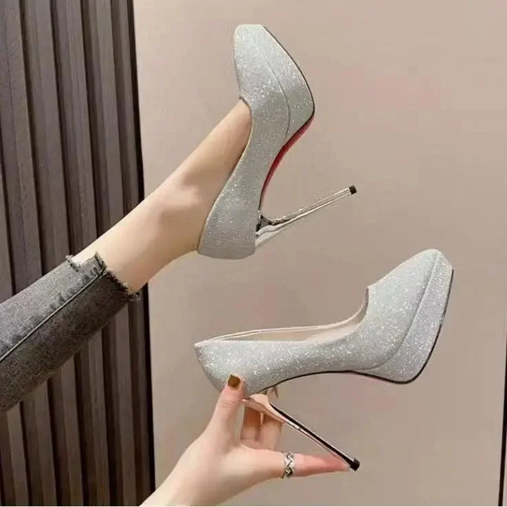 Chaussures de mariage françaises Sexy, bout pointu, talons hauts, argent, nouvelle mariée, chaussures habillées pour femmes, plateforme imperméable, grande taille