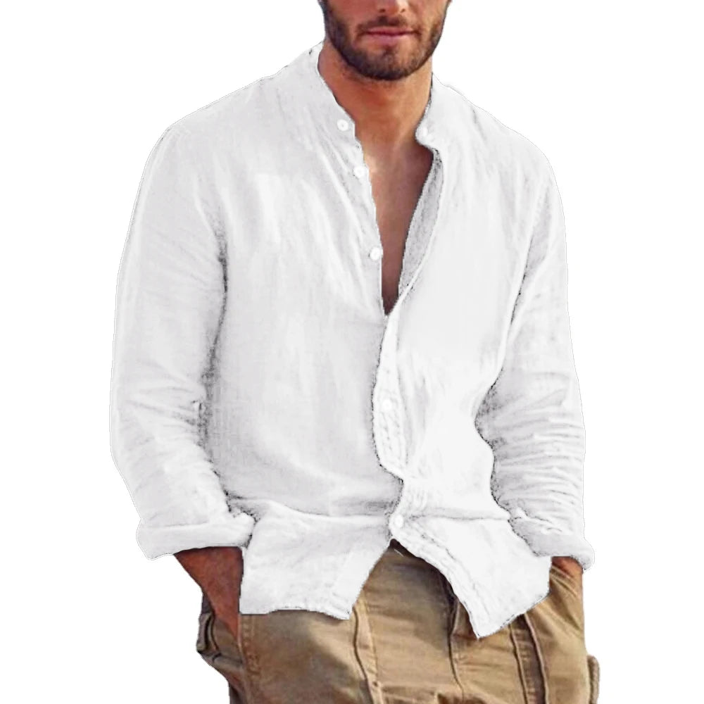 Mode Lumiére | Chemise en Lin Col Mao Homme  Élégance Décontractée