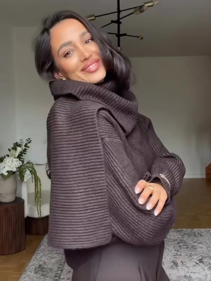 Pull tricoté à col roulé marron pour femmes, couleur unie, écharpe décontractée, col, manches longues, ample, chaud, pour les déplacements et le bureau, 2025