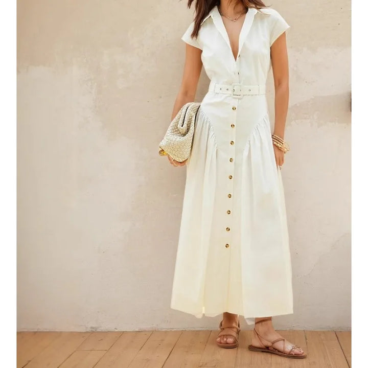 Robe longue à revers style français, simple boutonnage, pour femme, coupe ajustée, idéale pour l'été, vêtement féminin tendance pour le bureau