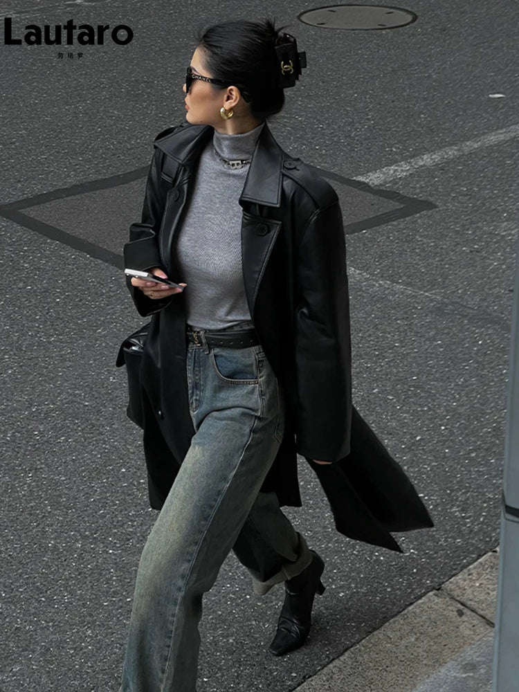 Lautaro – Trench-Coat en Faux cuir doux pour femmes, Long marron noir, ceinture à Double boutonnage, pardessus de luxe élégant, printemps automne