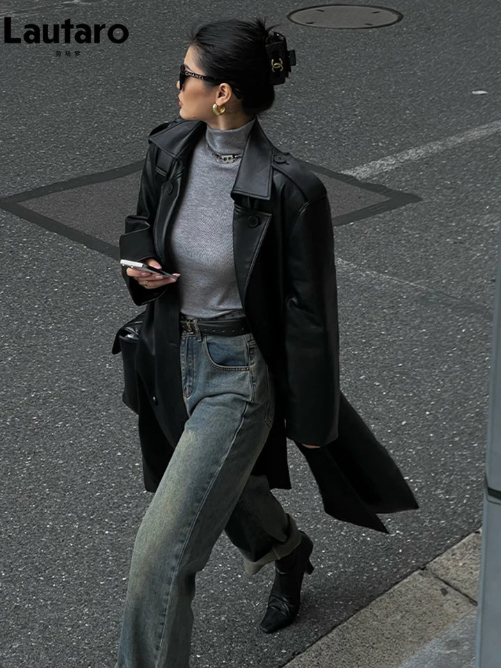Lautaro – Trench-Coat en Faux cuir doux pour femmes, Long marron noir, ceinture à Double boutonnage, pardessus de luxe élégant, printemps automne