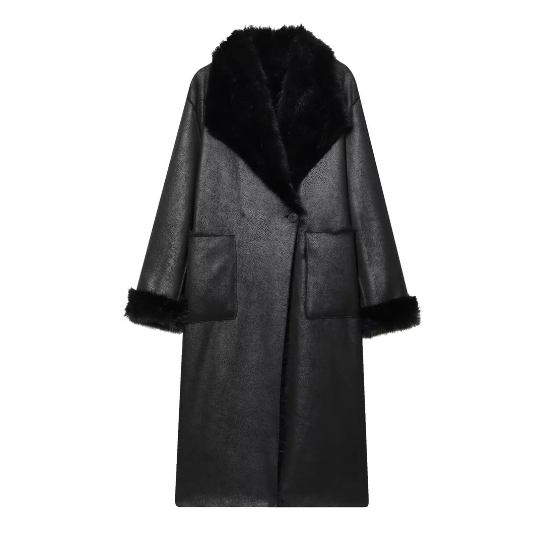 Femmes rétro réversible Long manteau décontracté fausse fourrure revers simple bouton poche veste dames hiver mode rue vêtements d'extérieur chauds