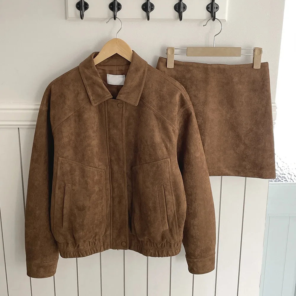 Veste en daim de Style coréen à la mode, ensemble Mini jupe trapèze à manches longues, tenue élégante d'automne pour femmes, Ensemble Chic et décontracté