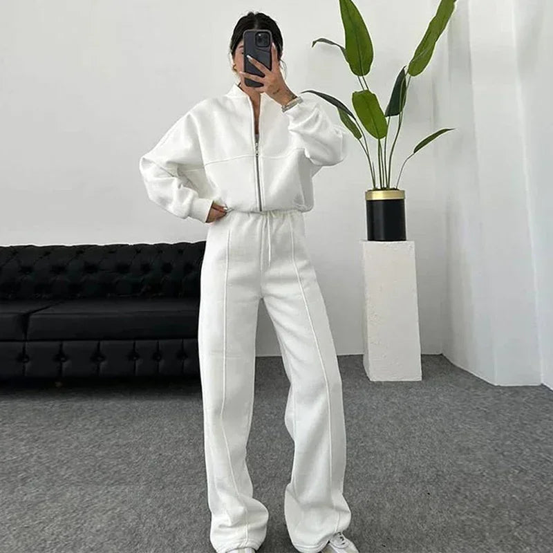 Ensemble sweat-shirt et pantalon pour femmes, décontracté, fermeture éclair, col rond, ample, à lacets, taille élastique, costumes, vêtements d'extérieur solides, printemps-automne