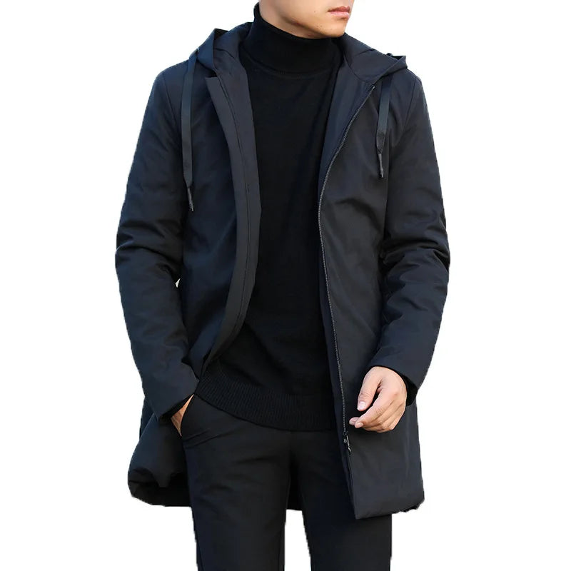 Veste d'hiver à capuche pour homme, manteau Simple, couleur unie, épais, chaud, coupe-vent, mi-long, manches longues, fermeture éclair, vêtements d'extérieur, nouvelle collection