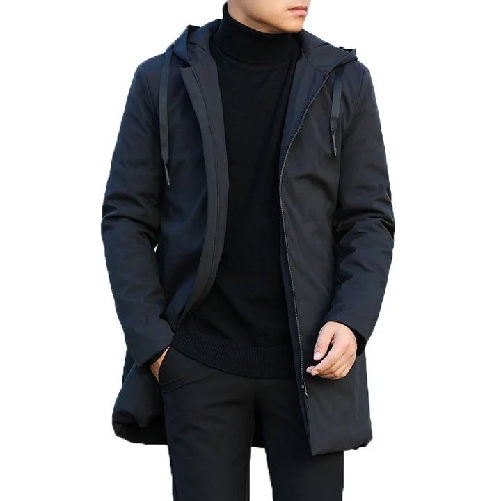 Veste d'hiver à capuche pour homme, manteau Simple, couleur unie, épais, chaud, coupe-vent, mi-long, manches longues, fermeture éclair, vêtements d'extérieur, nouvelle collection