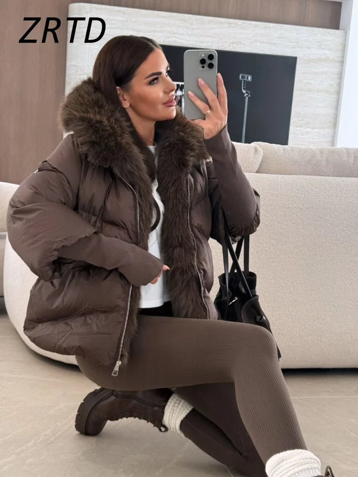 Mode femmes fausse fourrure à capuche vestes d'hiver 2025 chaud Patchwork fermeture éclair manches longues manteaux bouffant femme solide doudoune