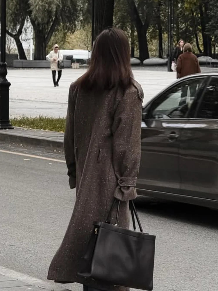 Trench-Coat Long en laine à revers pour femmes, manches longues, simple boutonnage, pardessus ample, vêtements d'extérieur pour les déplacements au bureau, automne 2025