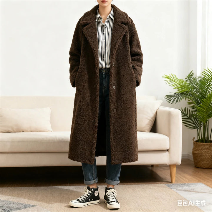 Manteau ours en peluche marron pour femme – Manteau long à revers en peau de mouton, pardessus en fausse fourrure boutonné sur le devant pour la chaleur de l'hiver
