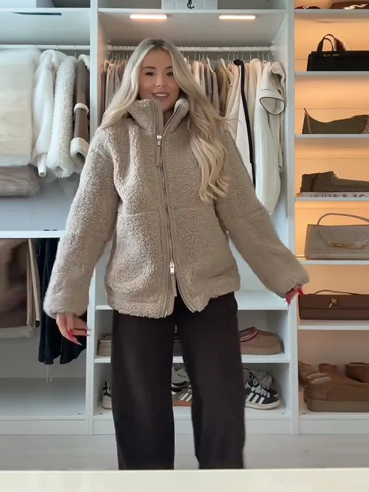 2025 automne hiver fourrure une pièce laine d'agneau femmes veste à glissière femme contraste couleur peluche manteau chaud mode dame vêtements d'extérieur