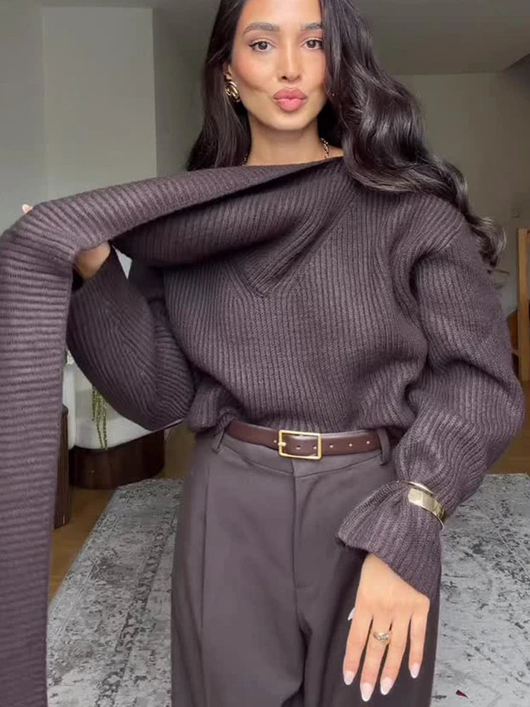 Pull tricoté à col roulé marron pour femmes, couleur unie, écharpe décontractée, col, manches longues, ample, chaud, pour les déplacements et le bureau, 2025