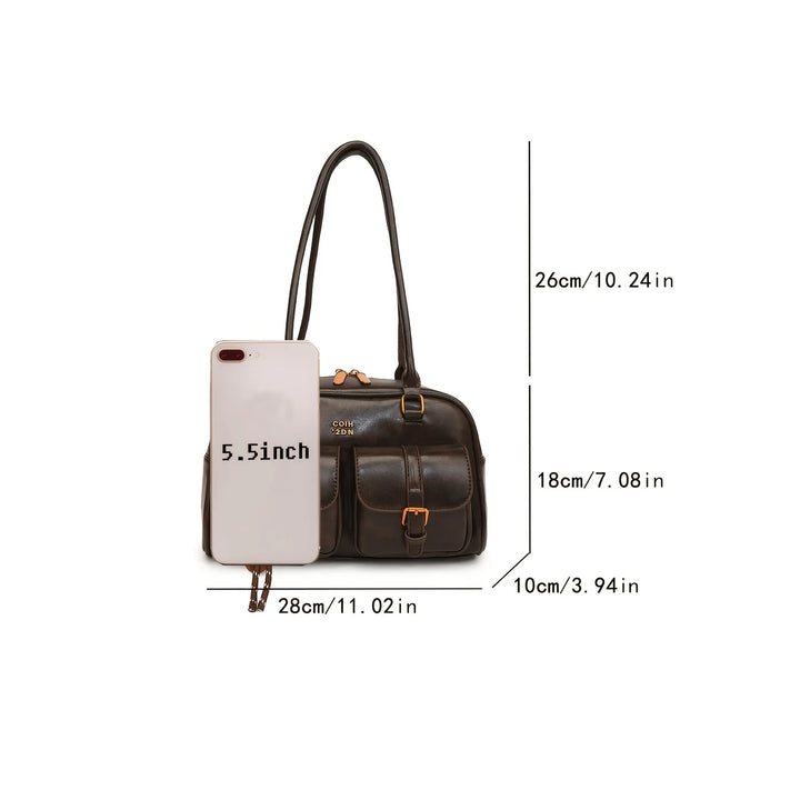 Sac à main multi-poches marron café pour femmes, sac à bandoulière élégant et polyvalent avec lettres pour les voyages, le travail, les dates de shopping