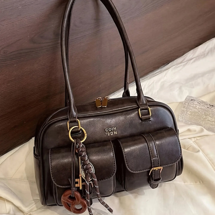 Sac à main multi-poches marron café pour femmes, sac à bandoulière élégant et polyvalent avec lettres pour les voyages, le travail, les dates de shopping