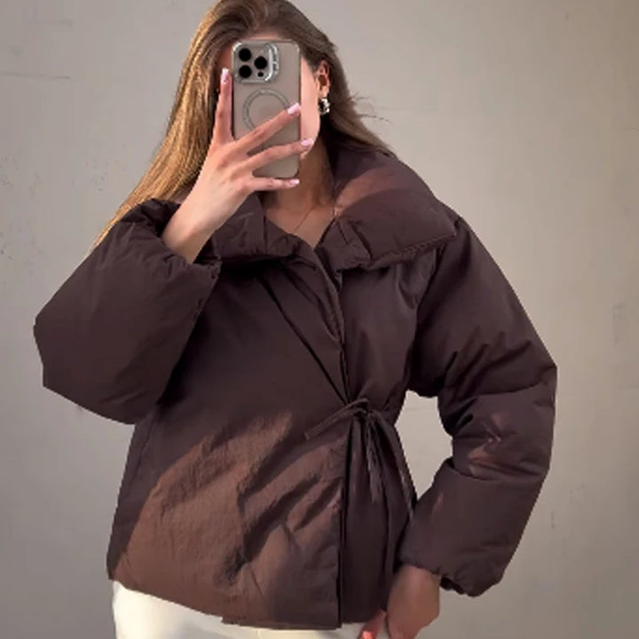 Veste d'hiver femme marron décontracté à lacets veste en coton col montant à manches longues léger rembourré veste manteau chaud dames