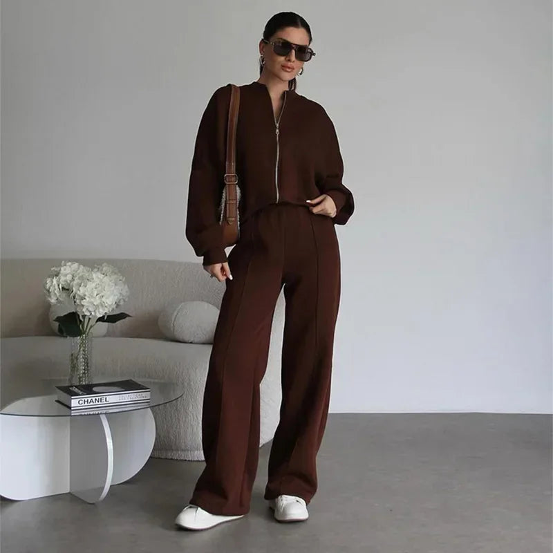 Ensemble sweat-shirt et pantalon pour femmes, décontracté, fermeture éclair, col rond, ample, à lacets, taille élastique, costumes, vêtements d'extérieur solides, printemps-automne