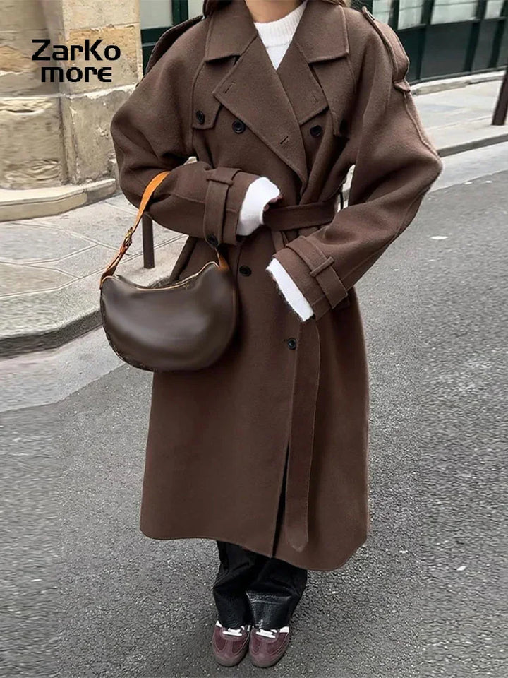 Élégant gris ceinture longue Faux laine manteau femmes revers Double boutonnage rue manteaux femme 2025 automne hiver nouvelle dame Peacoat