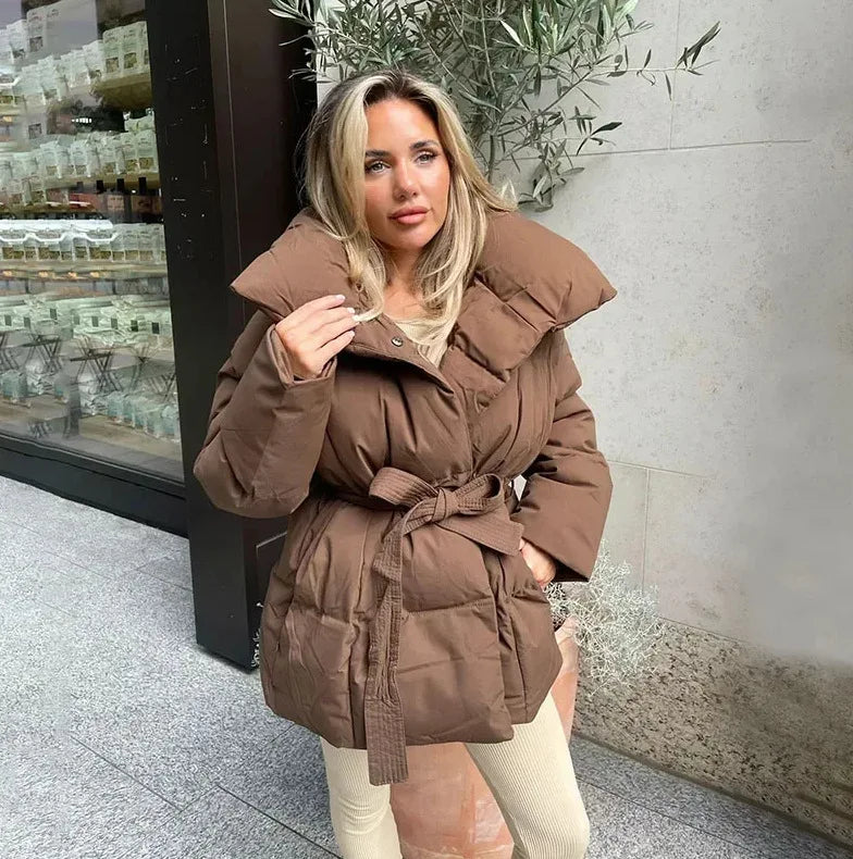 Vestes en coton à la mode pour femmes, manteaux élégants à col montant et manches longues à lacets, vêtements d'extérieur chauds et chics pour dames, nouvelle collection hiver 2026