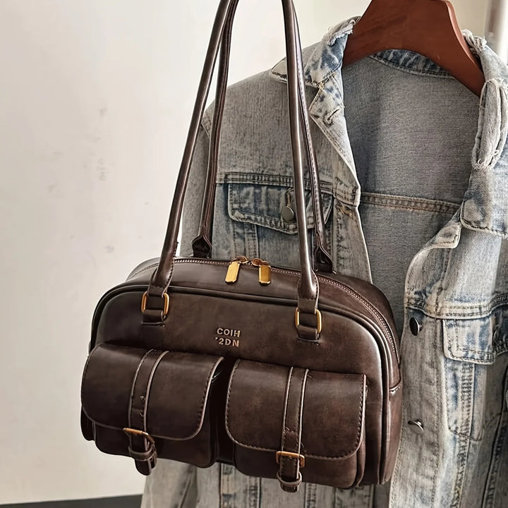 Sac à main multi-poches marron café pour femmes, sac à bandoulière élégant et polyvalent avec lettres pour les voyages, le travail, les dates de shopping