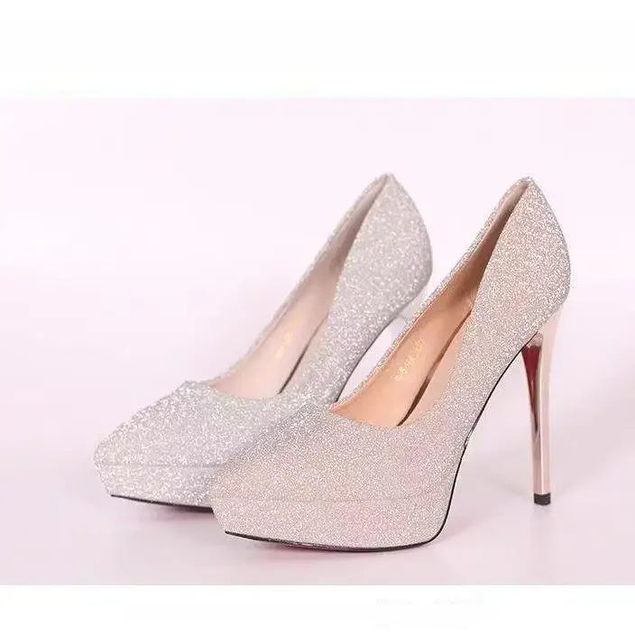 Chaussures de mariage françaises Sexy, bout pointu, talons hauts, argent, nouvelle mariée, chaussures habillées pour femmes, plateforme imperméable, grande taille