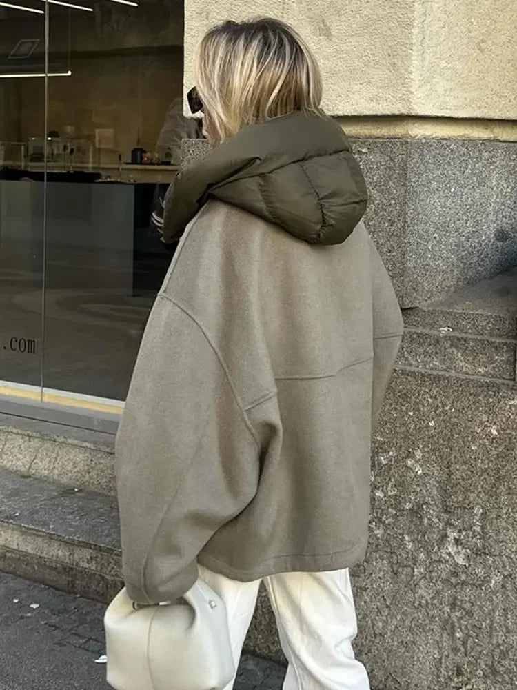 Veste à Capuche à Manches sulfpour Femme, Patchwork, Fermeture Éclair, Chaud, Décontracté, Chic, Rue, Automne, Hiver, 2024