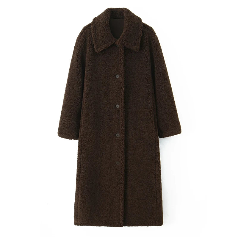 Manteau ours en peluche marron pour femme – Manteau long à revers en peau de mouton, pardessus en fausse fourrure boutonné sur le devant pour la chaleur de l'hiver