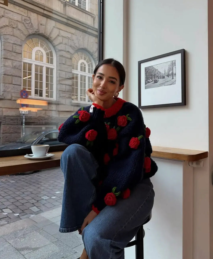 Pull Statement en Maille aux Roses Texturées Femme