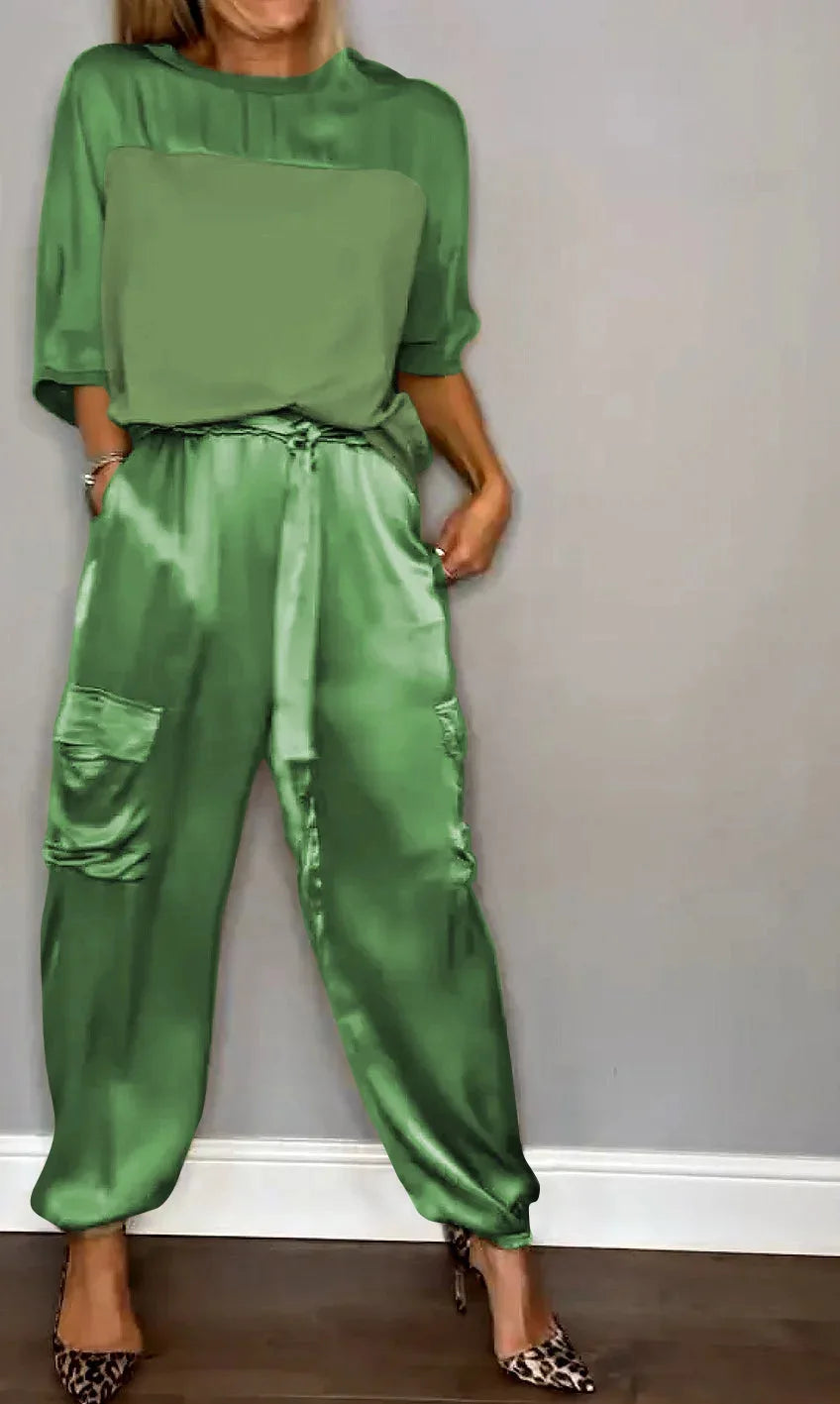 Averielle | Ensemble Deux Pièces Satiné Top & Pantalon Cargo Fluide