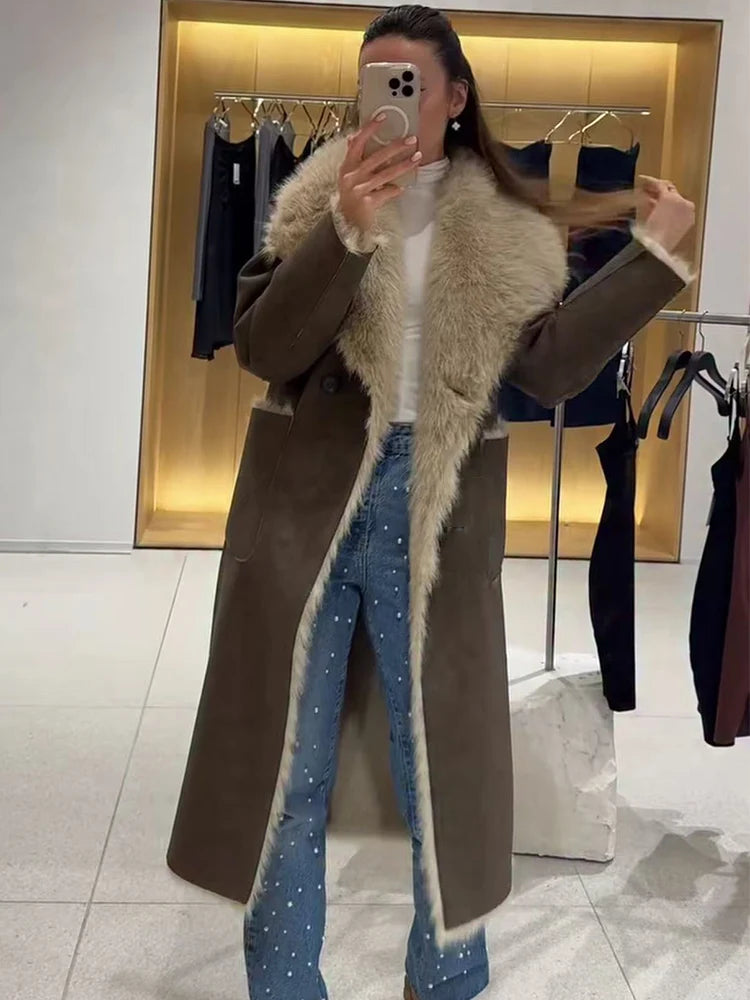 Femmes rétro réversible Long manteau décontracté fausse fourrure revers simple bouton poche veste dames hiver mode rue vêtements d'extérieur chauds