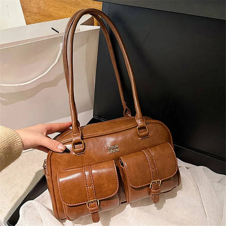 Sac à main multi-poches marron café pour femmes, sac à bandoulière élégant et polyvalent avec lettres pour les voyages, le travail, les dates de shopping