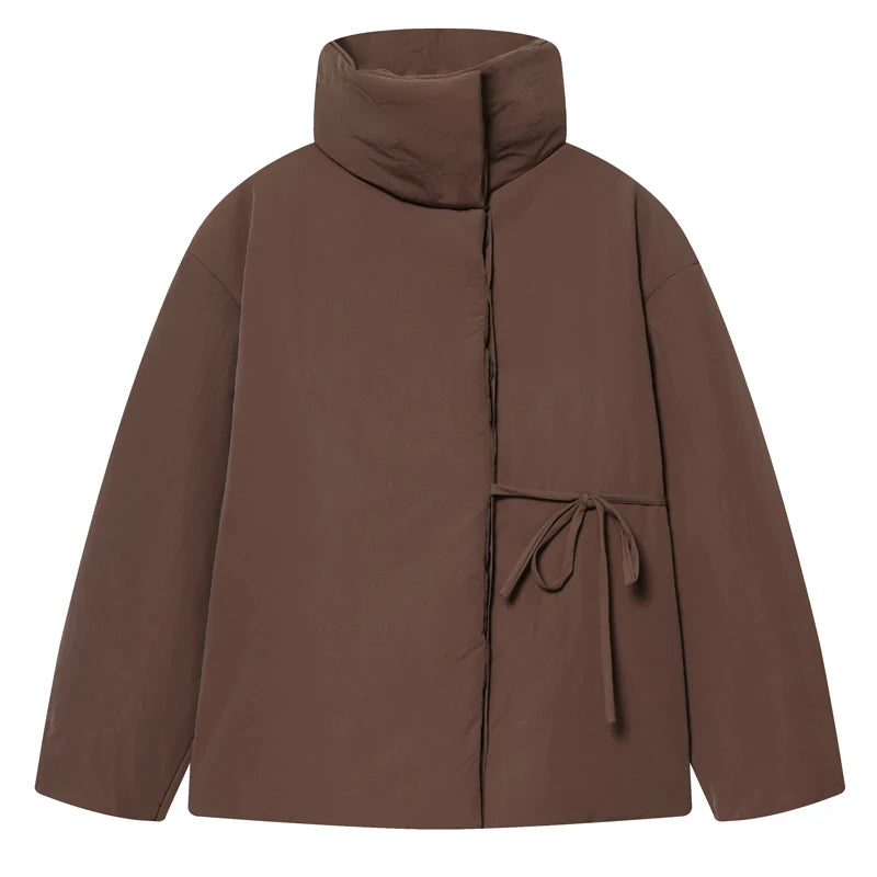 Veste d'hiver femme marron décontracté à lacets veste en coton col montant à manches longues léger rembourré veste manteau chaud dames