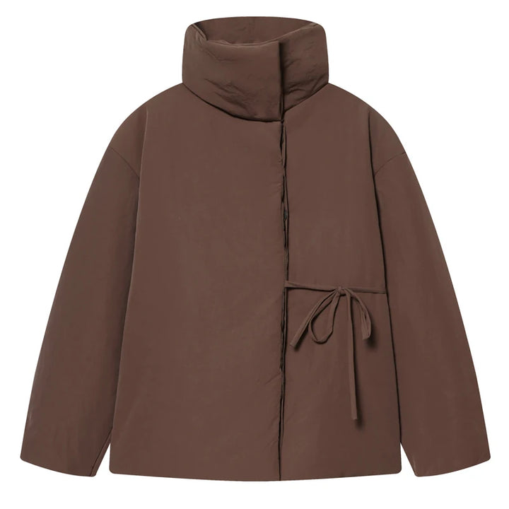 Veste d'hiver femme marron décontracté à lacets veste en coton col montant à manches longues léger rembourré veste manteau chaud dames