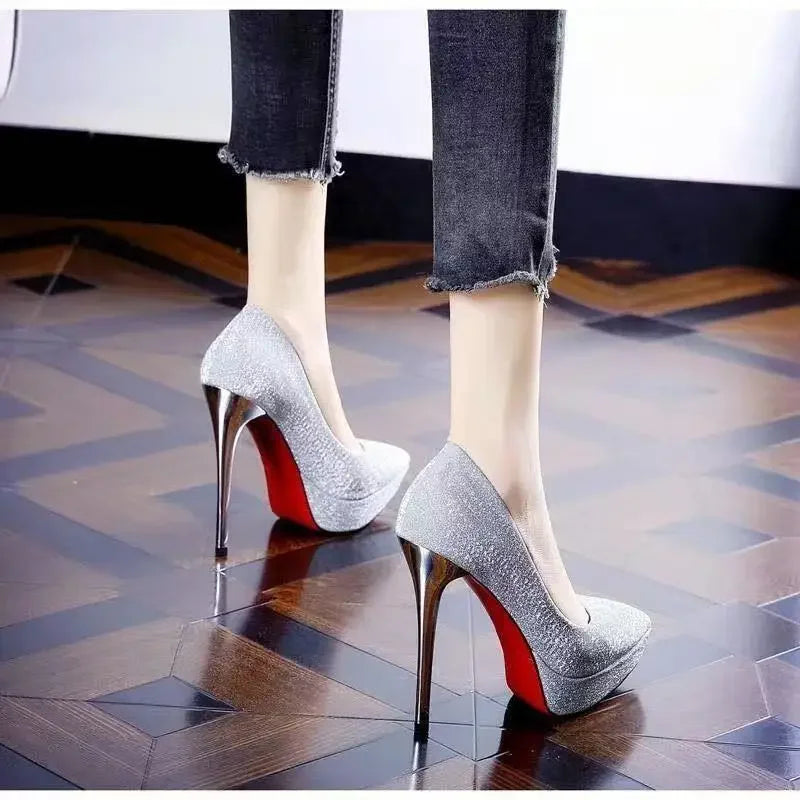 Chaussures de mariage françaises Sexy, bout pointu, talons hauts, argent, nouvelle mariée, chaussures habillées pour femmes, plateforme imperméable, grande taille