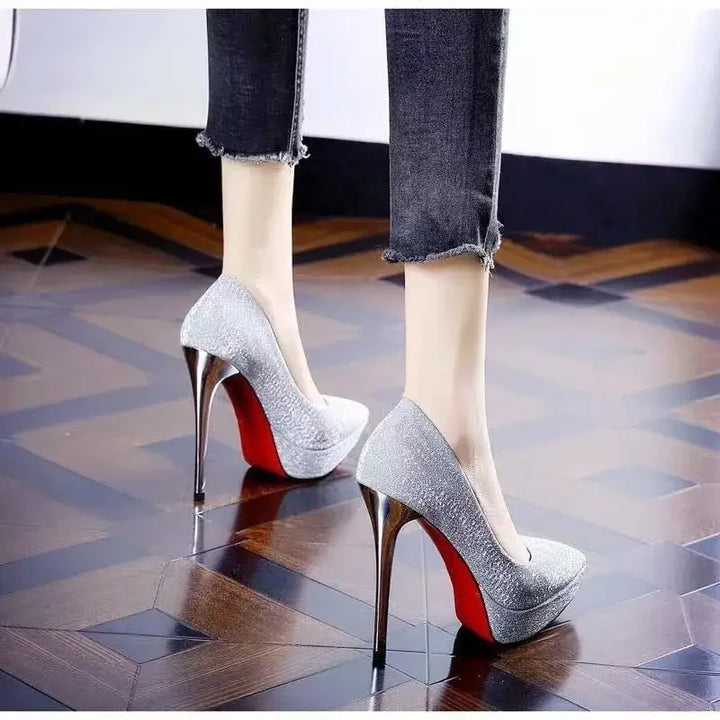 Chaussures de mariage françaises Sexy, bout pointu, talons hauts, argent, nouvelle mariée, chaussures habillées pour femmes, plateforme imperméable, grande taille