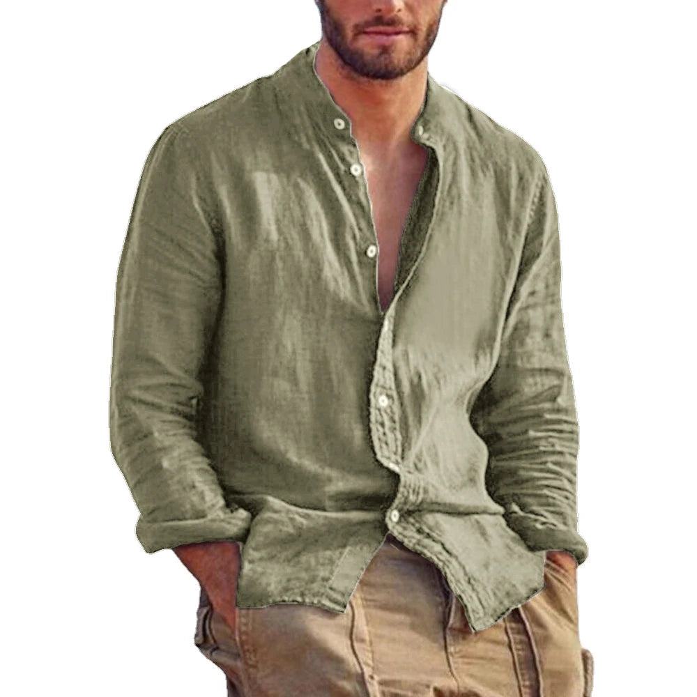 Mode Lumiére | Chemise en Lin Col Mao Homme  Élégance Décontractée