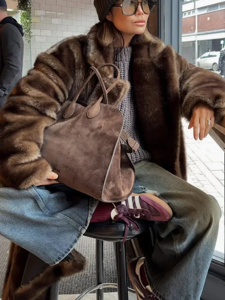 Fashion Mixed Color Lapel Collar Woman Long Coat Elegant Full Sleeve Loose Overcoat New Winter Lady High Street Faux Fur Jacket