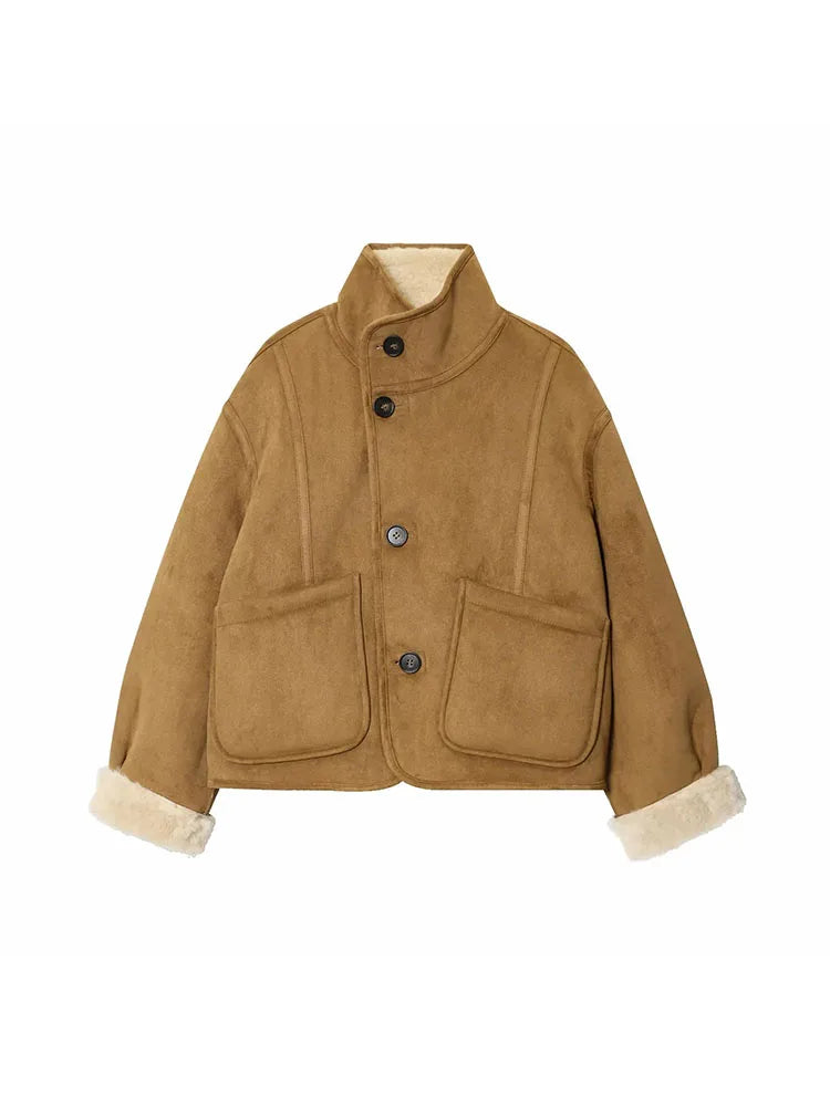Femmes 2025 Double face porter agneau velours manteau femmes mode col montant simple boutonnage poche courte veste dame vêtements d'extérieur