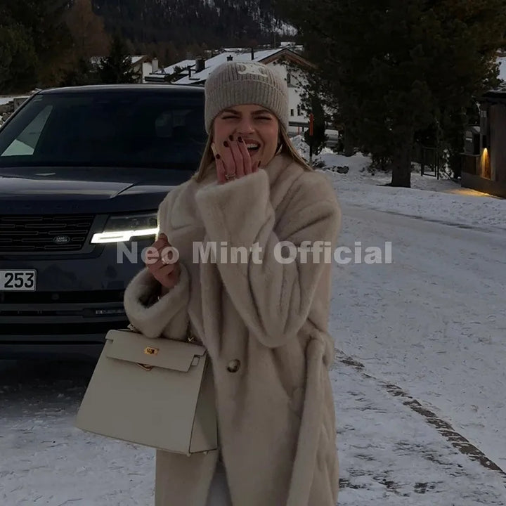 Neo Mint ceinturé fausse fourrure de vison manteau femmes 2025 hiver Beige dégradé fourrure veste de luxe marque à capuche chaud manteau d'extérieur