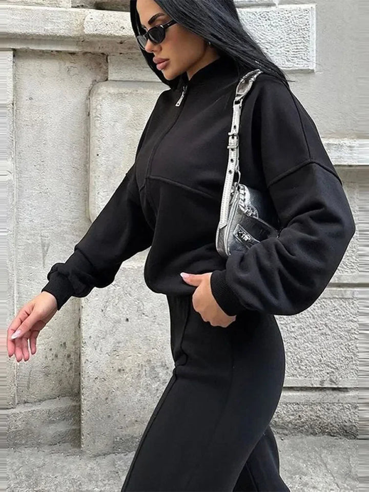 Ensemble sweat-shirt et pantalon pour femmes, décontracté, fermeture éclair, col rond, ample, à lacets, taille élastique, costumes, vêtements d'extérieur solides, printemps-automne