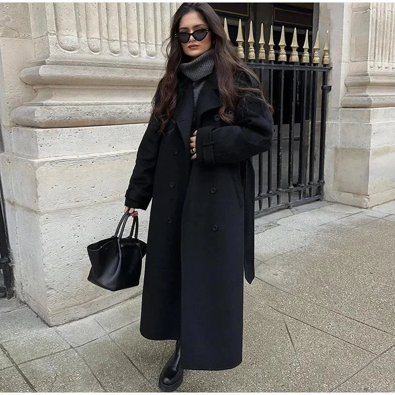 Élégant gris ceinture longue Faux laine manteau femmes revers Double boutonnage rue manteaux femme 2025 automne hiver nouvelle dame Peacoat