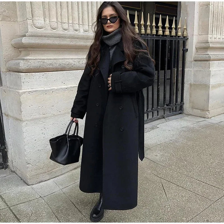 Élégant gris ceinture longue Faux laine manteau femmes revers Double boutonnage rue manteaux femme 2025 automne hiver nouvelle dame Peacoat