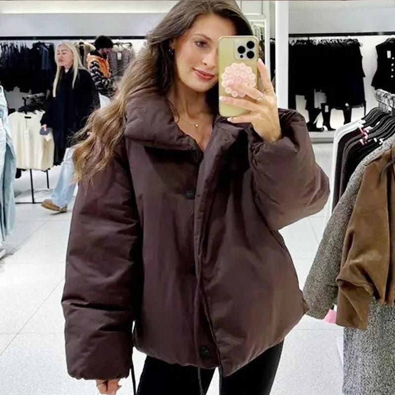Veste d'hiver femme marron décontracté à lacets veste en coton col montant à manches longues léger rembourré veste manteau chaud dames