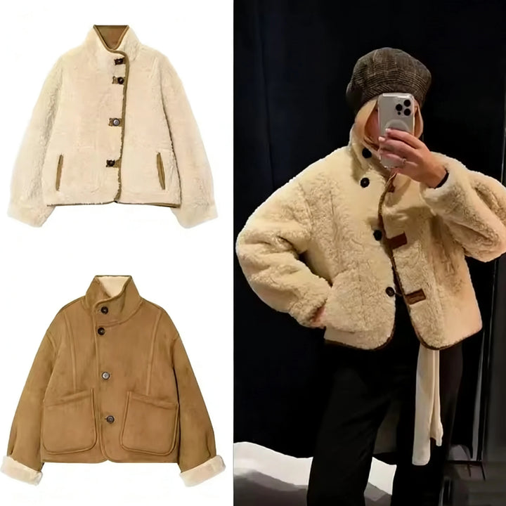 Femmes 2025 Double face porter agneau velours manteau femmes mode col montant simple boutonnage poche courte veste dame vêtements d'extérieur