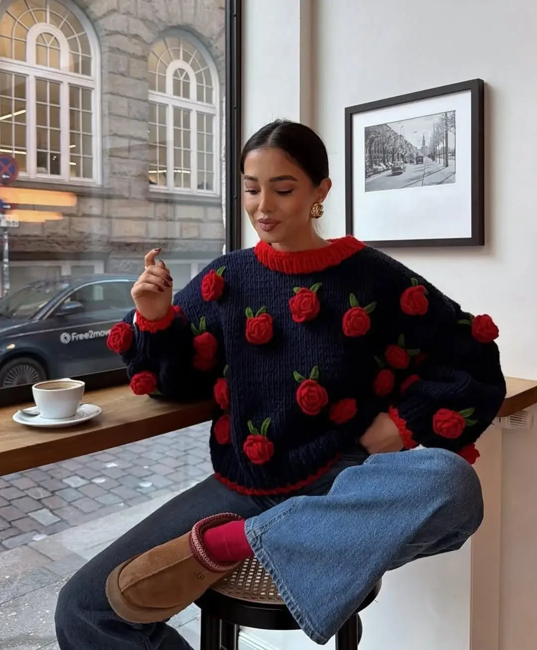 Pull Statement en Maille aux Roses Texturées Femme