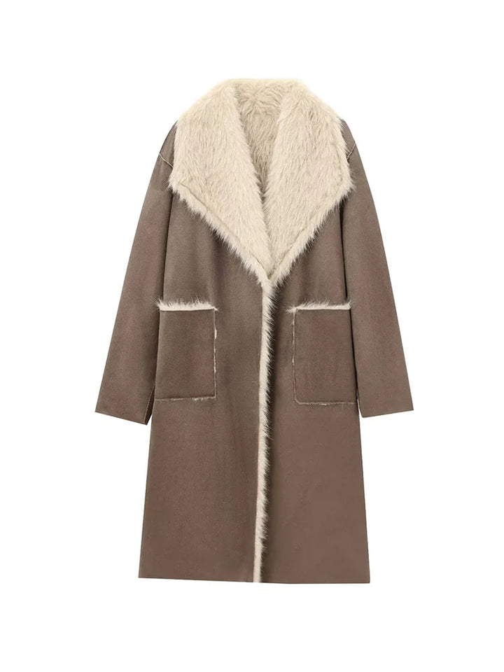 Femmes rétro réversible Long manteau décontracté fausse fourrure revers simple bouton poche veste dames hiver mode rue vêtements d'extérieur chauds