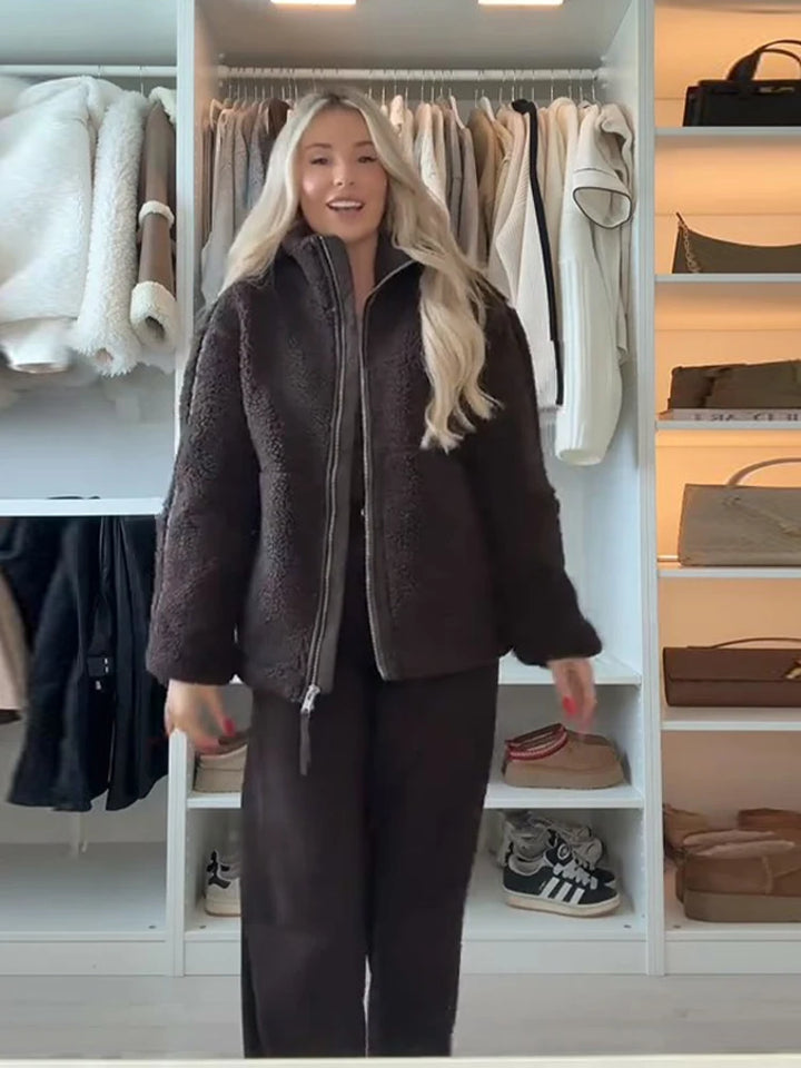 2025 automne hiver fourrure une pièce laine d'agneau femmes veste à glissière femme contraste couleur peluche manteau chaud mode dame vêtements d'extérieur